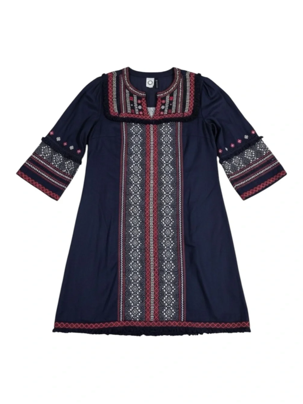 Akemi + Kin Anthropologie Embroidered Boho Shift Dress Navy Fringe Size 6